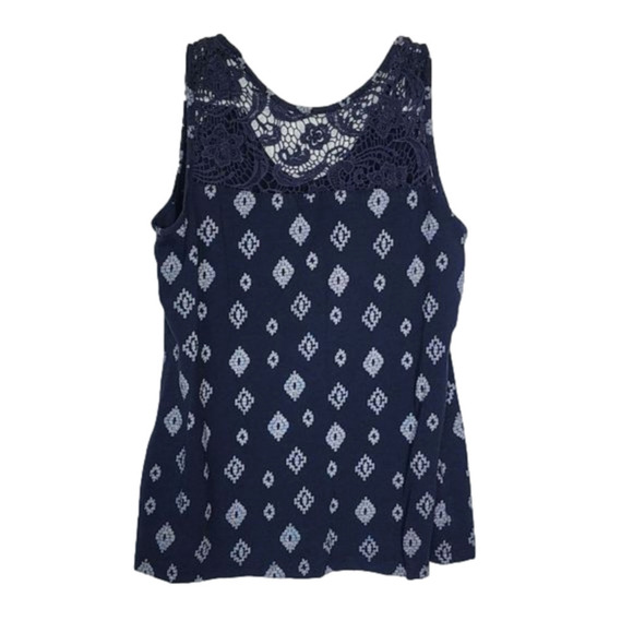Northcrest Blue Sleeveless Top with White Pattern and Lace Detail - Picture 2 of 3